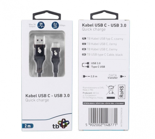 TB Cable USB 3.0-USB C 2m PREMIUM 3A Черный TPE