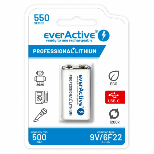 Rechargeable battery  everActive 6F22/9V Li-ion 550 mAh with USB TYPE C