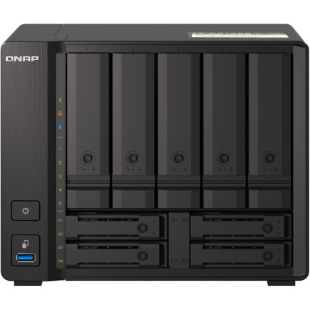 QNAP 9-bay NAS AMD Ryzen V1500B 8GB DDR4 SODIMM 5x6,35cm 2,5Zoll/8,89cm 3,5Zoll SATA 6Gbps + 2x26,35cm 2,5Zoll U.2 NVMe PCIe Gen3 x4