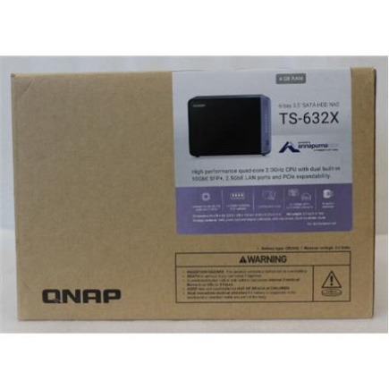 Taastatud. | QNAP | Cost-effective 6-bay 10GbE NAS | TS-632X-4G | Alpine | AL524 | Processor frequency 2 GHz | 4 GB | DDR4 SODIMM | 120W adapter (12VDC), 100-240VAC | UNPACKED