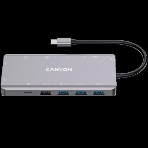 CANYON DS-12, 13 in 1 USB C hub, with 2*HDMI, 3*USB3.0: support max. 5Gbps, 1*USB2.0: support max. 480Mbps, 1*PD: support max 100W PD, 1*VGA,1* Type C data, 1*Glgabit Ethernet, 1*3.5mm audio jack, cable 15cm, Aluminum alloy housing,130*57.5*15 mm,DarK