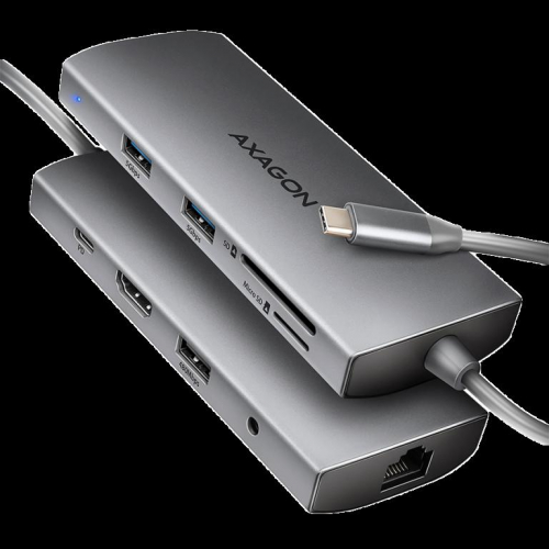 AXAGON HMC-8HLSA USB-C 3.2 Gen 1 hub, 3x USB-A + 4K/30Hz HDMI + SD/microSD, GLAN, Audio, PD 100W, 20cm USB-C cable