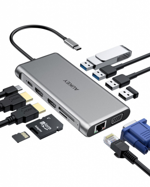 AUKEY CB-C78 interface hub 5000 Mbit/s Black | Aluminium | 12in1 | RJ45 Ethernet 10/100/1000Mbps | 2xUSB 3.1 | 2xUSB 2.0 | 2xHDMI 4k@30Hz | VGA | SD & microSD | USB-C