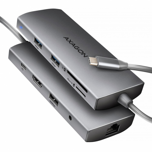 AXAGON HMC-8HLSA USB-C 3.2 Gen 1 Multiport Hub, 3x USB-A + 4K/60Hz HDMI + SD/microSD, Gigabit LAN, Audio, PD 100W - Silver, 20cm USB-C cable