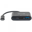 Manhattan USB-C Dock/Hub, Ports (x3): HDMI, USB-A and USB-C, 5 Gbps (USB 3.2 Gen1 aka USB 3.0), With Power Delivery (60W) to USB-C Port (Note additional USB-C wall charger and USB-C cable needed), Universal for all devices, Black, Equivalent to CDP2HDUACP