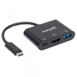 Manhattan USB-C Dock/Hub, Ports (x3): HDMI, USB-A and USB-C, 5 Gbps (USB 3.2 Gen1 aka USB 3.0), With Power Delivery (60W) to USB-C Port (Note additional USB-C wall charger and USB-C cable needed), Universal for all devices, Black, Equivalent to CDP2HDUACP