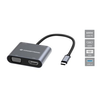 CONCEPTRONIC 4-1 Dock USB-C->HDMI.USB3.0.VGA.100WPD 15cm gr