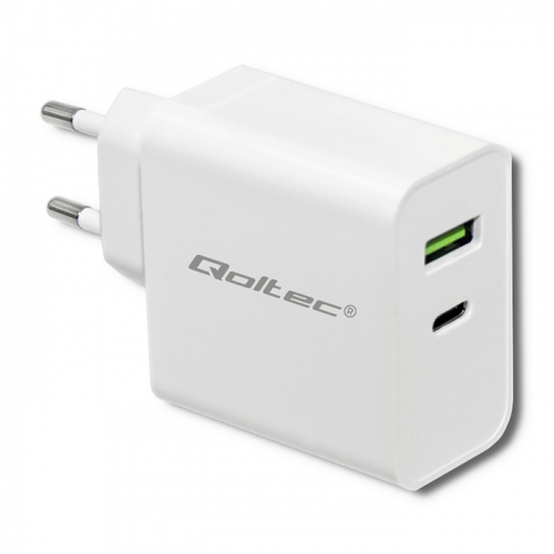Qoltec 51718 - Charger - 45 Watt - 3 A - PD - 2 output connectors (USB, USB-C) - white 