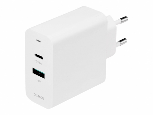 DELTACO USBC-AC138 - Power adapter - USB wall charger with dual ports and PD, 1x USB-A, 1x USB-C, PD, 36W, white