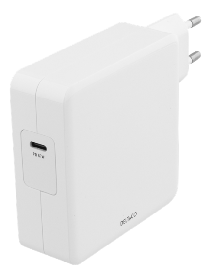 DELTACO 87W USB-C Power supply, Fast charging, USB-C PD, white, for laptop, smartphone or tablet 5V/9V/12V/20V Ultrabook, Macbook Pro