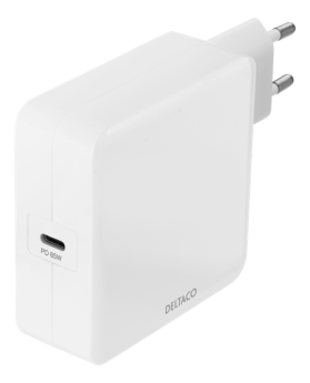  DELTACO USB wall charger, 1x USB-C PD, 65 W, white USBC-AC140 for laptops, tablets, phones with ulta fast charging, PD
