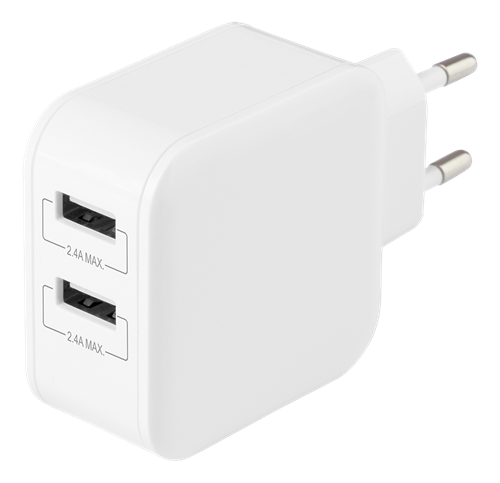 DELTACO USB wall charger, 2x USB-A 2,4 A, total 24 W, white / USB-AC175
