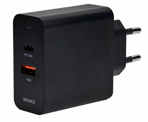 DELTACO USB wall charger with dual ports and PD, 1x USB-A, 1x USB-C, PD, 36W, black, USBC-AC137