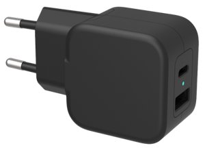 DELTACO USB wall charger 1x USB-A 18 W, 1x USB-C PD 20 W, black, USBC-AC148