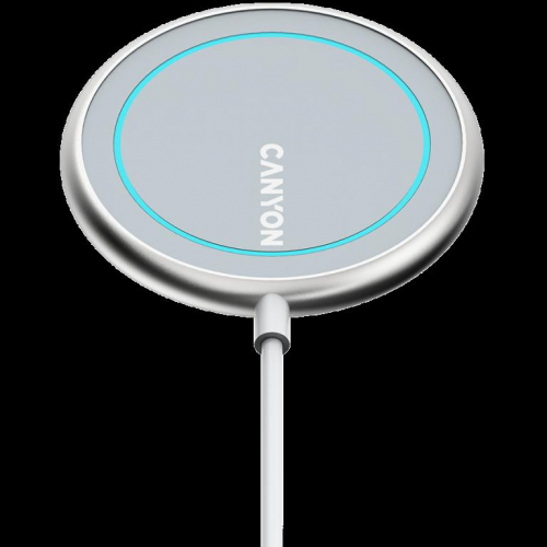 CANYON WS-100, Wireless charger, Input 9V/2A, 9V/2.7A, 12V/2A, Output 15W/10W/7.5W/5W, Type c cable length 1.5m, Acrylic surface+Aluminium alloy edge, 59*59*7mm, 0.06Kg, Silver