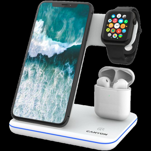 CANYON WS-302, 3in1 Wireless charger, with touch button for Running water light, Input 9V/2A, 12V/2A, Output 15W/10W/7.5W/5W, Type c to USB-A cable length 1.2m, 137*103*140mm, 0.22Kg, White