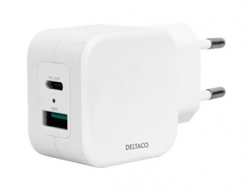 DELTACO Dual USB wall charger, USB-A & USB-C Power Delivery 20 W, white / USBC-AC149