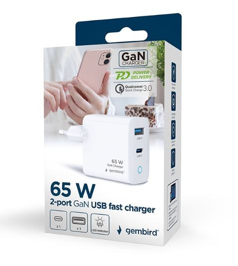 Gembird GaN USB-A USB-C Charger LED 65W PD QC3.0 white