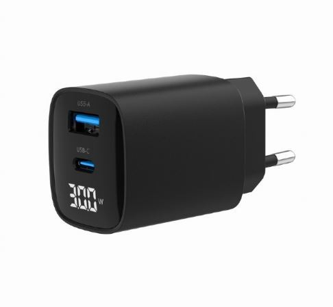 Gembird GaN Charger USB-A USB-C LCD 30W PD QC3.0 black