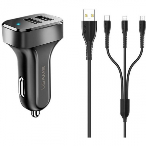 USAMS Car charger 2xUSB 2,1A microUSB/USB-C/Lightnin