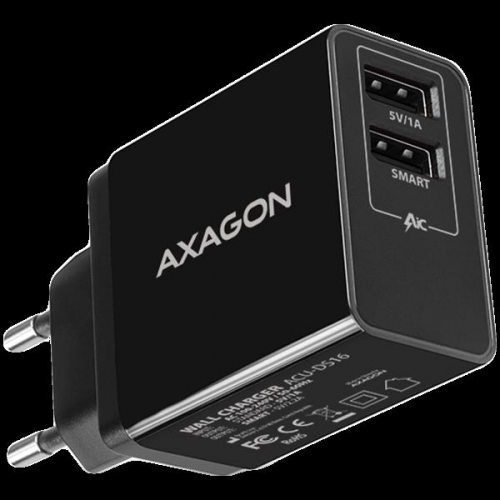 Axagon Dual wall charger <240V / 2x port 5V-2.2A + 5V-1A. 16W total power.