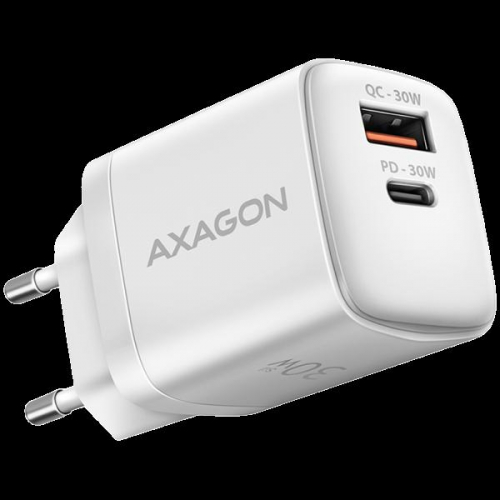 Axagon Sil wallcharger 2x port (USB-A + USB-C), PD3.0/QC4+/PPS/AFC/Apple. 30W total power.