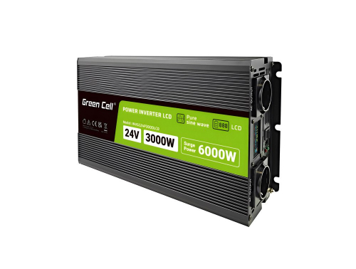 Green Cell Przetwornica napicia PowerInverter LCD 24 V 3000W/60000W Przetwornica samochodowa z wywietlaczem - czysty sinus power adapter/inverter Auto Black