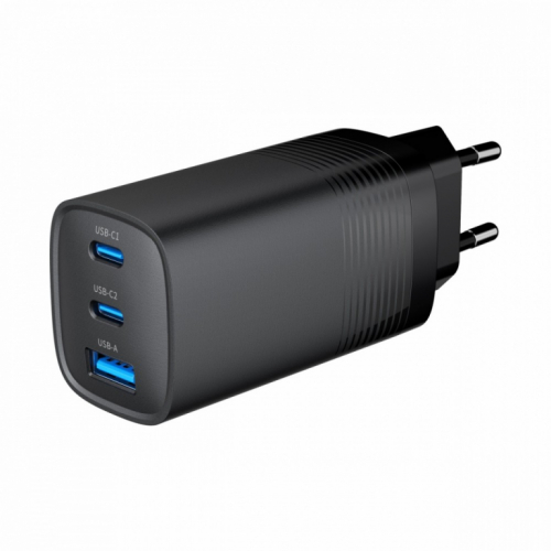 Gembird Power Delivery Charger 1xUSB-A (27W) 2x USB-C (65W port1) GaN 65W Black QC3.0 PD 