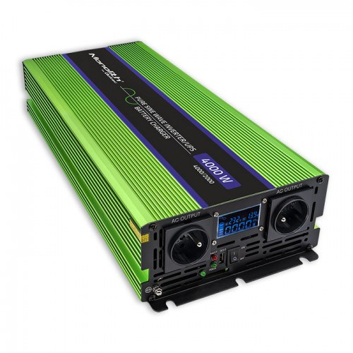 Qoltec Monolith Voltage Converter | Charging the battery | UPS | 2000W | 4000W |12V to 230V |Pure Sine | LCD black-green