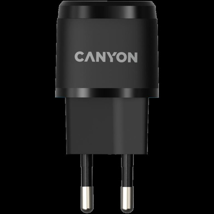 CANYON H-20-05, PD 20W Input: 100V-240V, Output: 1 port charge: USB-C:PD 20W (5V3A/9V2.22A/12V1.66A) , Eu plug, Over- Voltage ,  over-heated, over-current and short circuit protection Compliant with CE RoHs,ERP. Size: 68.5*29.2*29.4mm, 32.5g, Black