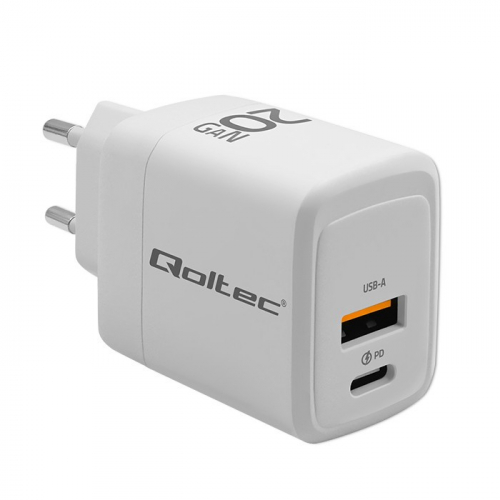 Qoltec GaN 20W charger,5V 20V 1.5A 3A,1xUSB C PD,1xUS