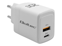 QOLTEC 51823 GaN 20W charger 5/20V 1.5/3A 1 x USB C PD 1x USB QC 3.0 White