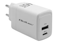 QOLTEC 51825 GaN 45W charger 5/20V 1.5/3A 1 x USB C PD 1x USB QC 3.0 White