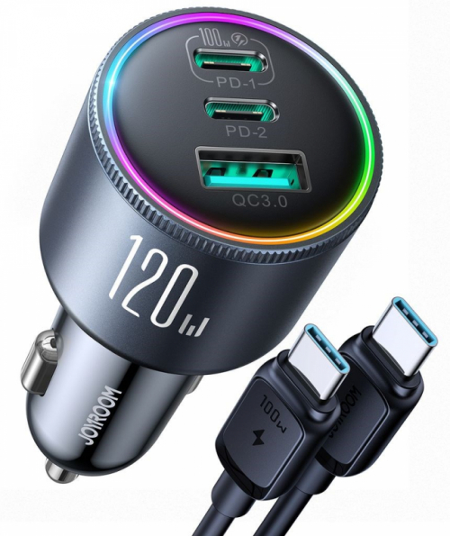 Joyroom JR-CCN07 Car Charger 120W 5.0A PD 3.0 QC 3.0 1x USB-A 2x USB-C + Cable