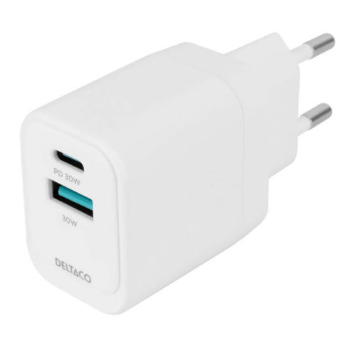 USB GaN wall charger DELTACO, 1x USB-A 18, W 1x USB-C PD 30 W, PPS / USBC-AC155 / 1903158