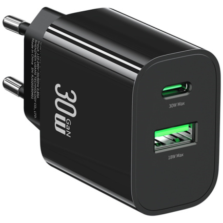 USAMS Charger 30W 1xUSB-C 1xUSB-A Fast Charging