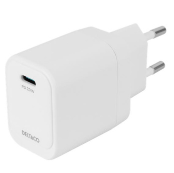 DELTACO USB-C wall charger, 1x USB-C PD, 20 W, white, QC