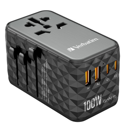 Verbatim UTA-06 100W GaN III Universal Travel Adapter with 2 x USB-C PD & QC 4+ & 2 x USB-A QC 3.0 ports Verbatim UTA-06 100W GaN III Universal Travel Adapter with 2 x USB-C PD & QC 4+ & 2 x USB-A QC 3.0 ports