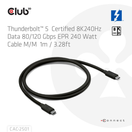 CLUB3D Thunderbolt™ 5 Certified 8K240Hz Data 80/120 Gbps EPR 240 Watt Cable M/M 1m