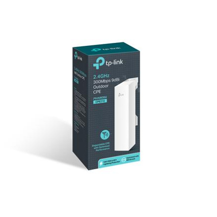 2.4GHz 300Mbps 9dBi Outdoor CPE | CPE210 | 802.11n | 300 Mbit/s | 10/100 Mbit/s | Ethernet LAN (RJ-45) ports 1 | Mesh Support No | MU-MiMO Yes | No mobile broadband | Antenna type 1xInternal