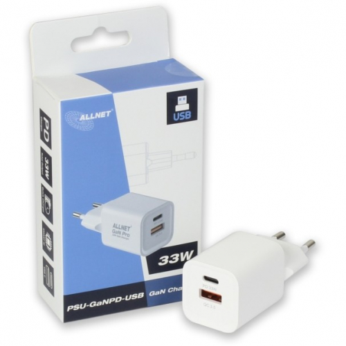 Z ALLNET Ersatznetzteil QC USB-C PD GaN Netzteil Power Supply33Watt 1x USB Typ-A QC 1x USB Typ-C**EU PLUG**