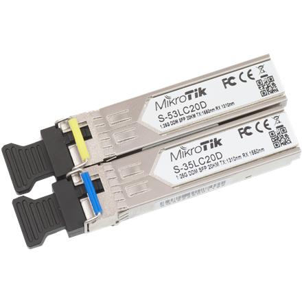 MikroTik Pair of SFP modules S-3553LC20D (S-35LC20D 1.25G SM 20km T1310nm/R1550nm + S-53LC20D 1.25G SM 20km T1550nm/R1310nm) | MikroTik | Maximum transfer distance 20000 m