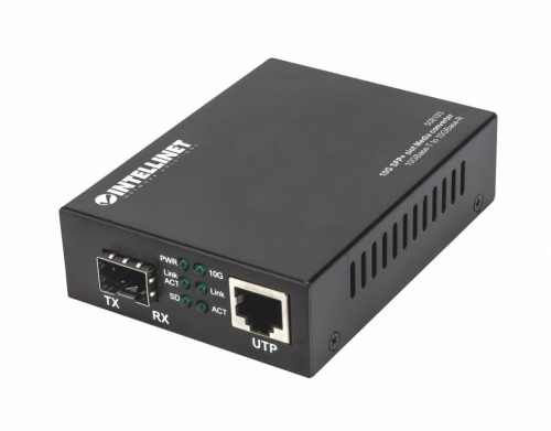 Intellinet 10GBase-T to 10GBase-R Media Converter, 1 x 10 GB SFP+ Slot, 1 x 10GB RJ45 Port