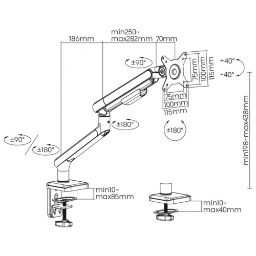 Ergo Office ER-751 Monitor Desk Mount Gas Spring 9kg Adjustable VESA 75x75 100x100 17