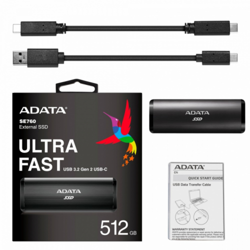 ADATA SE760 - SSD - 512 GB - external (portable) - USB 3.2 Gen 2 (USB-C connector) - black - 1000MB/s