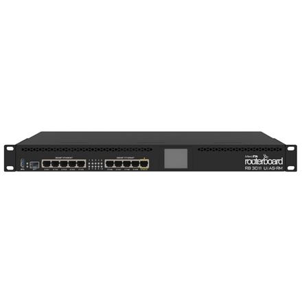 Mikrotik Wired Ethernet Router RB3011UiAS-RM, 1U Rackmount, Dual Core 1.4GHz CPU, 1GB RAM, 128 MB, 10xGigabit LAN, 1xSFP, 1xSerial console port, PoE out on port 10, USB, Touchscreen LCD Panel, PCB temperature and Voltage Monitor, IP20, RouterOS Level5 |