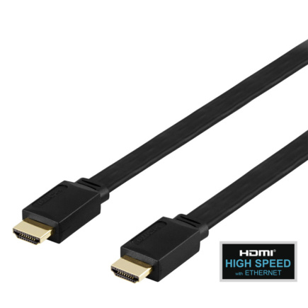 DELTACO flat HDMI cable, HDMI High Speed with Ethernet, 4K, UltraHD in 60Hz, 2m, gold plated connectors, 19-pin ha-ha, black