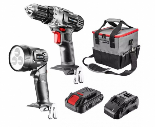 Graphite cordless tool set drill/driver, flashlight, bag, Energy+ 18V battery and charger