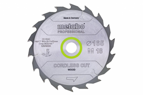 METABO CIRCULAR SAW BLADE HW/CT 165x20x18Z CORDLESS CUT WOOD PROFESSIONAL