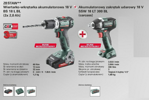 METABO. COMBO KIT 18V (BS 18 L BL + SSW 18 LT 300 BL) 2x2,0Ah %%%